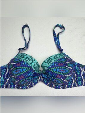Moontide Blue Print Underwire Bikini Top 34F 12F Twist Front Winter Sale